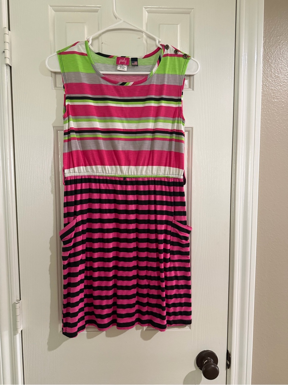 Pinky Striped Sleeveless Pink, Lime & Black Kids Dress